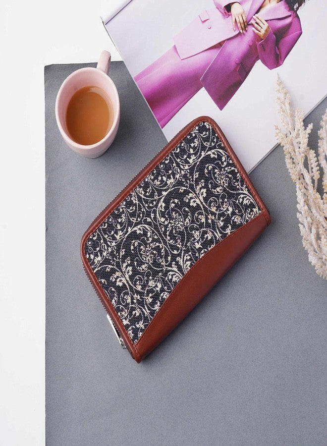 ZOUK حقيبة يد نسائية من زوك مصنوعة يدوياً من الجلد النباتي والجوت، مزينة بطبعة دانتيل هندي، مناسبة للهواتف المحمولة (أسود) - Image 2